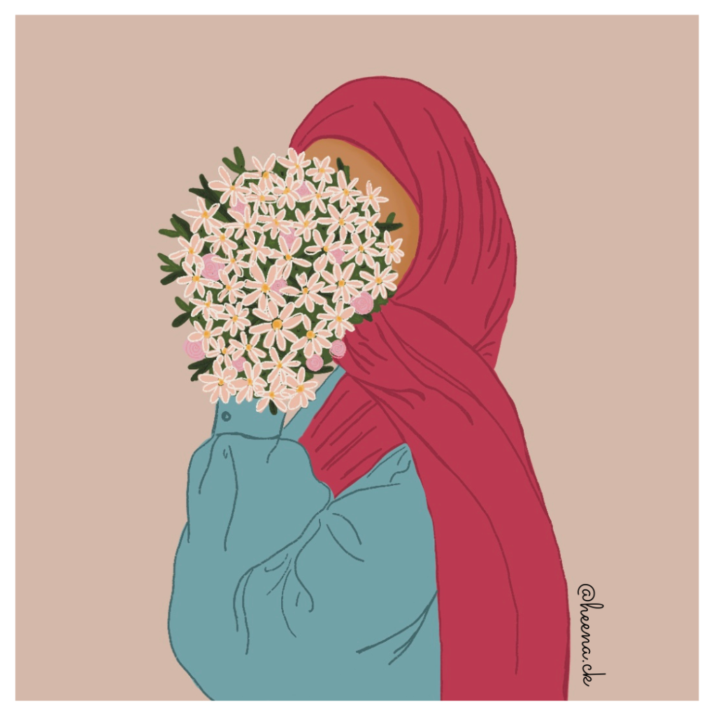 An illustration by Heena of a hijabi woman hiding her face behind a bouquet of flowers.